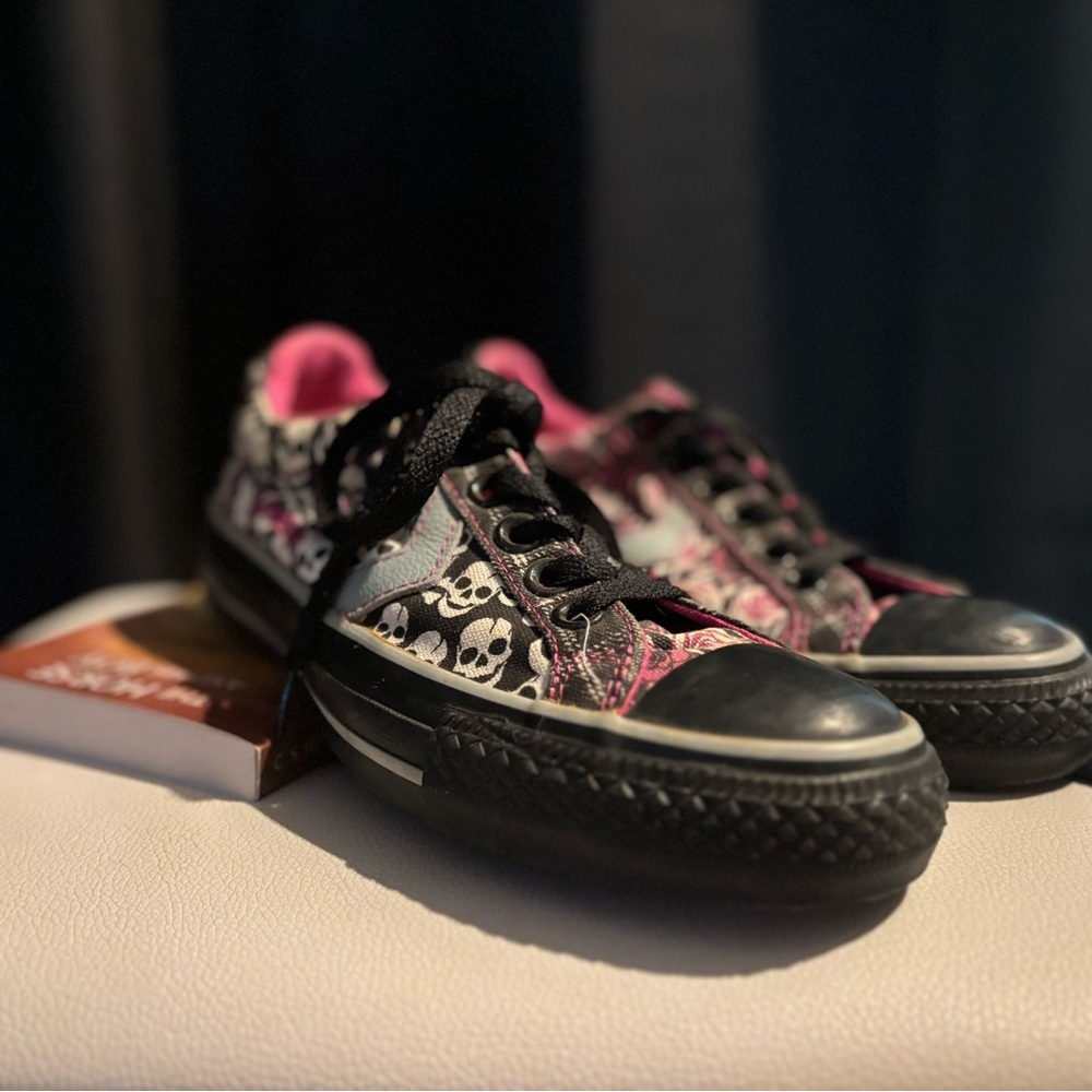 Womens Black and Pink Skull and Roses custom converse Sneakers